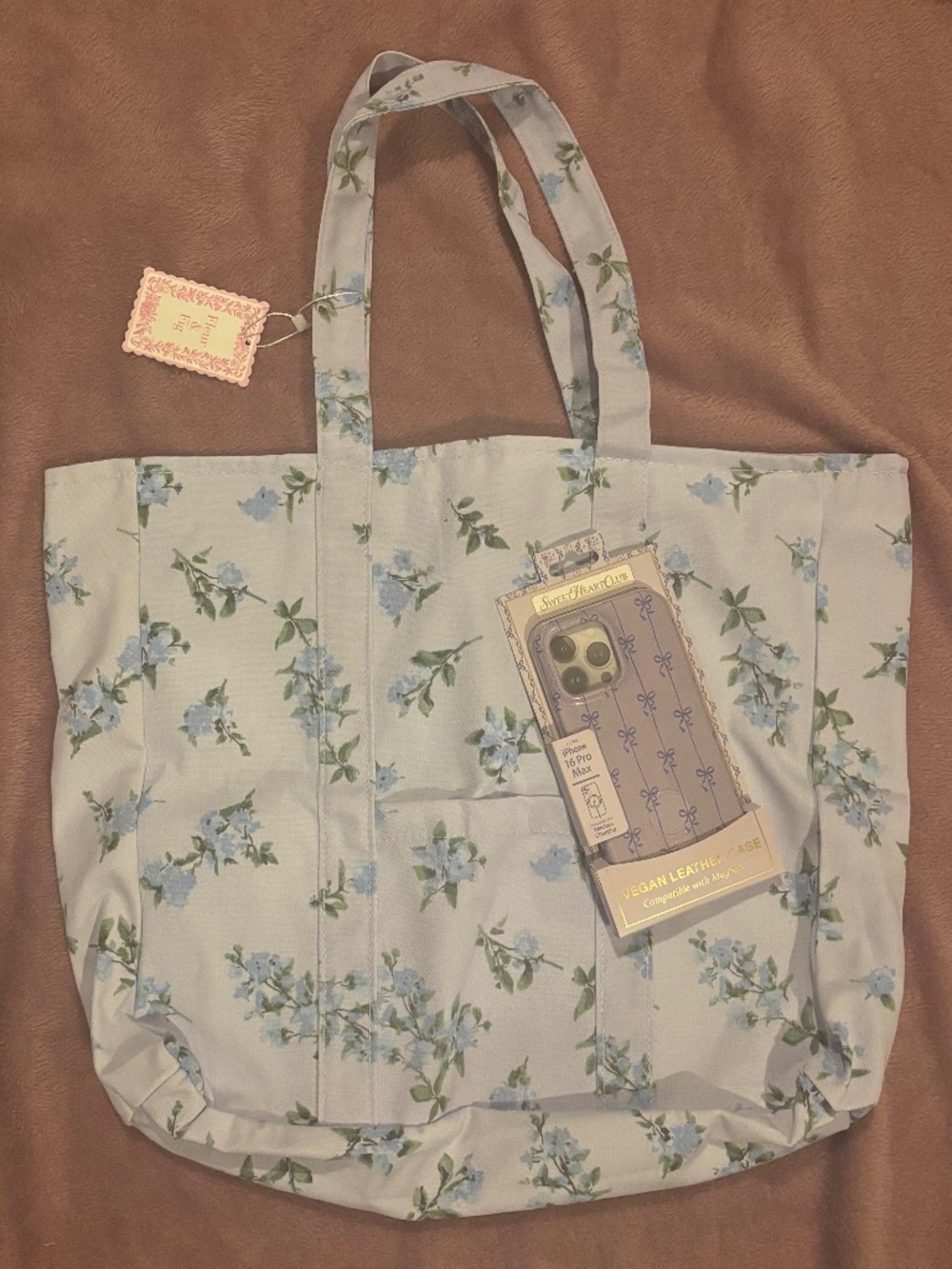 Bogo bundle lot! Deal of purple leather iPhone 16 pro phone case & floral tote